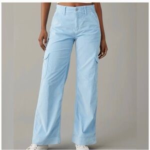 AE Dreamy Drape Light Blue Corduroy super high rise baggy wide leg Pants sz 000